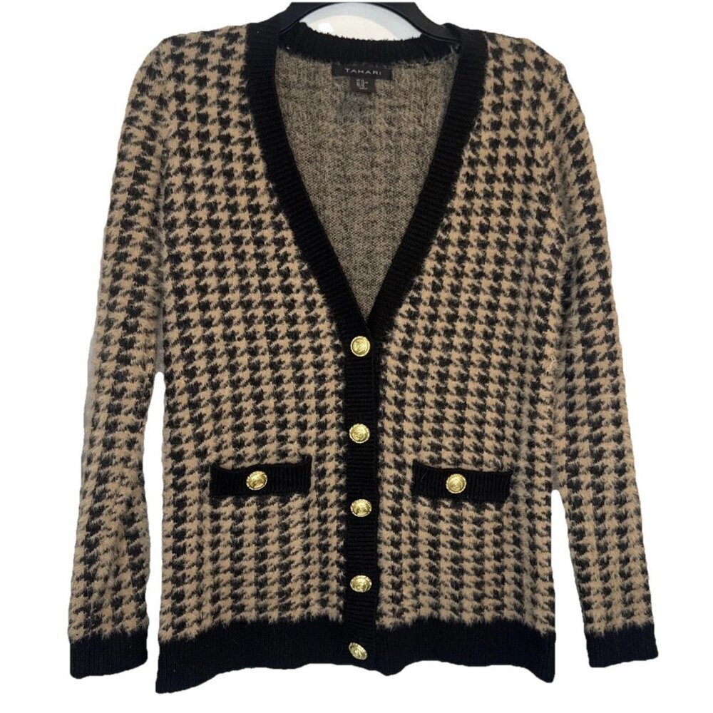 TAHARI Womens Brown Black Gold Button Soft Cardigan Sweater Sz XS